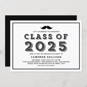 Black Class of 2025 Mustache Retro Graduation Invitation
