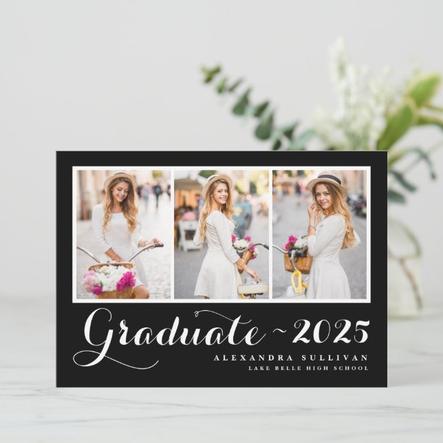 Black Class of 2025 Photo Collage Graduation Invitation (Standing Front)