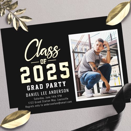 Black Class Of 2025 Photo Graduation Party Foil Invitation