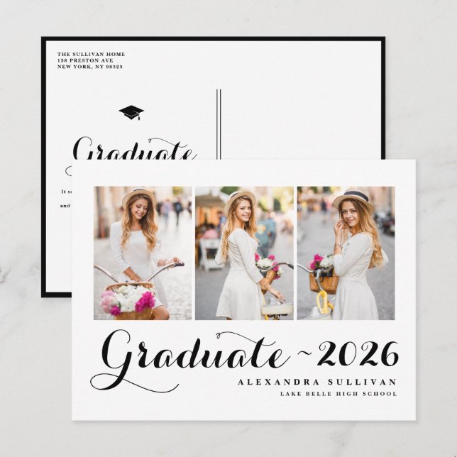 Black Class of 2026 Photo Collage Graduation   Announcement Postcard (Front/Back)