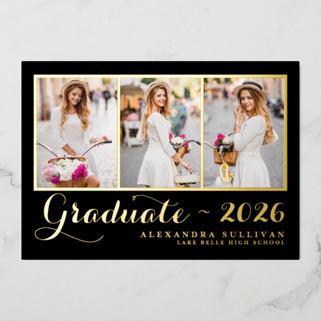Black Class of 2026 Photo Collage Graduation Foil Invitation (Front)
