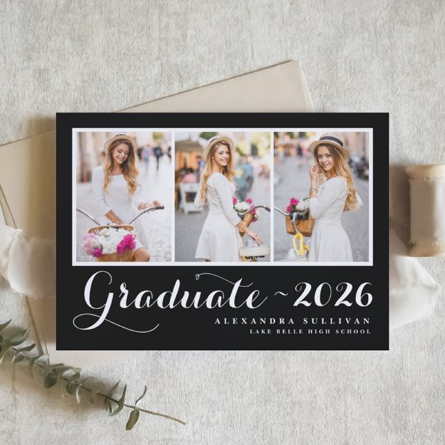 Black Class of 2026 Photo Collage Graduation Invitation (Customizable photo collage graduation invitation featuring modern typography. )