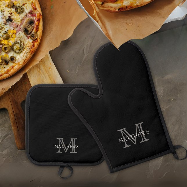 Black Classic Custom Monogram & Name  Oven Mitt & Pot Holder Set (A personalized oven mitt and pot holder set is the perfect gift for anyone that loves to cook.)