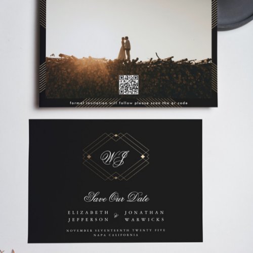 black classic deco gold monogram photo qr code save the date