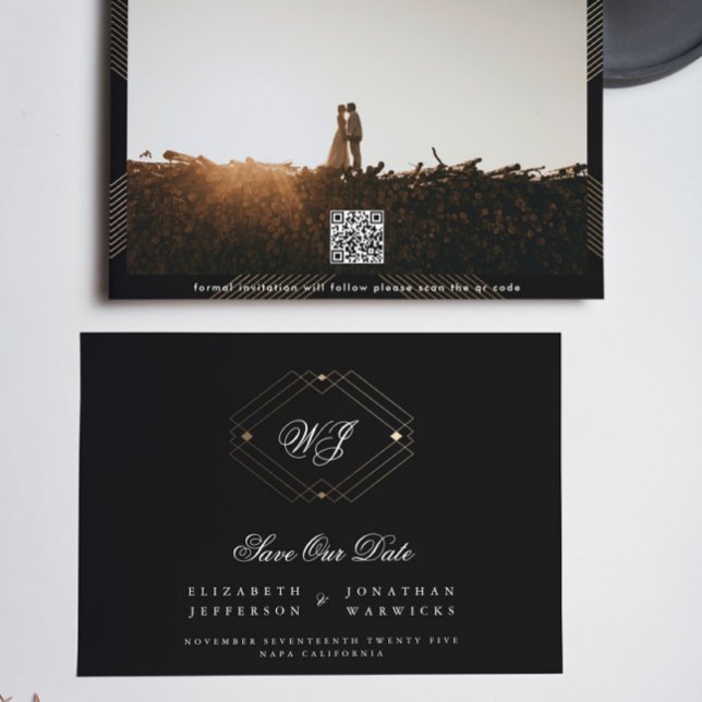black classic deco gold monogram photo qr code save the date (Creator Uploaded)