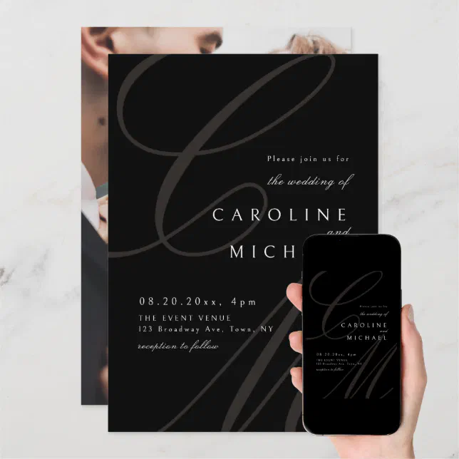 Black Classic Elegant Calligraphy Monogram Wedding Invitation | Zazzle