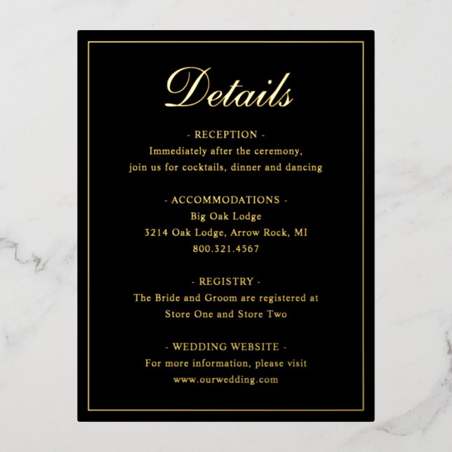 Black Classic Elegant Wedding Foil Enclosure Card (Front)