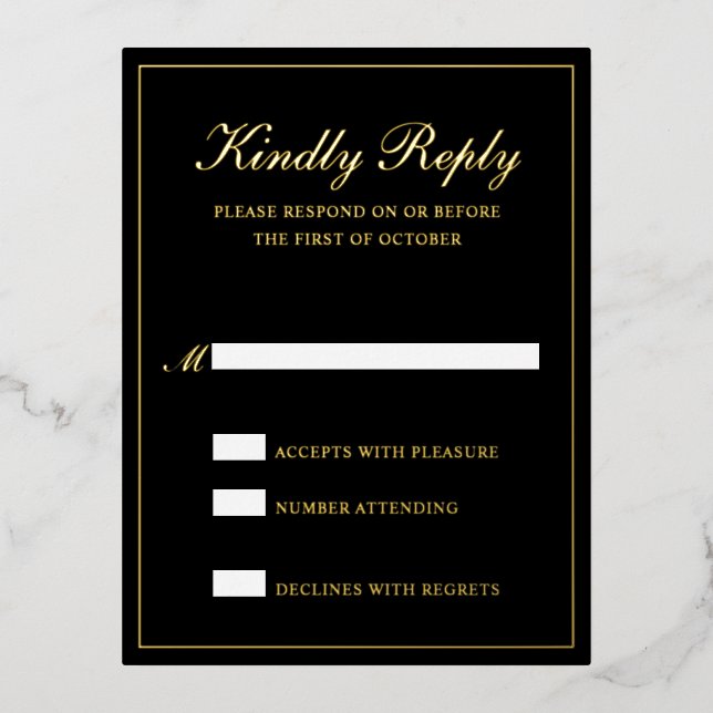 Black Classic Elegant Wedding Foil RSVP Card (Front)