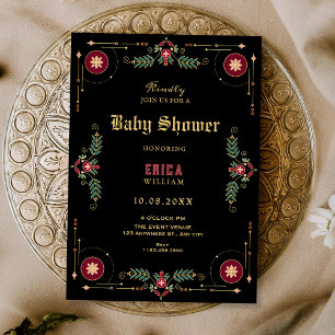 Black classic floral baby shower invitation