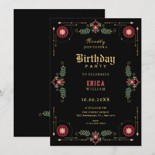 Black classic floral birthday invitation