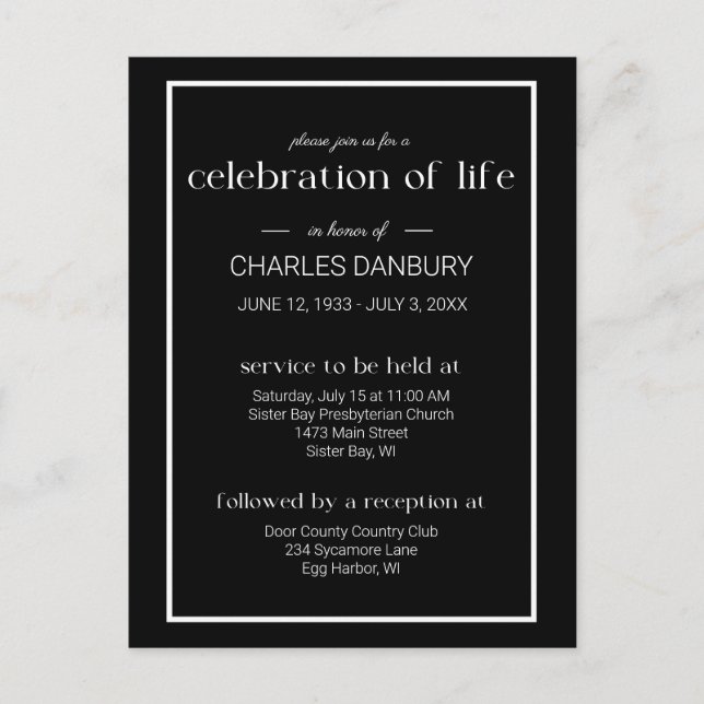 Black Classic Funeral Celebration of Life Postcard (Front)