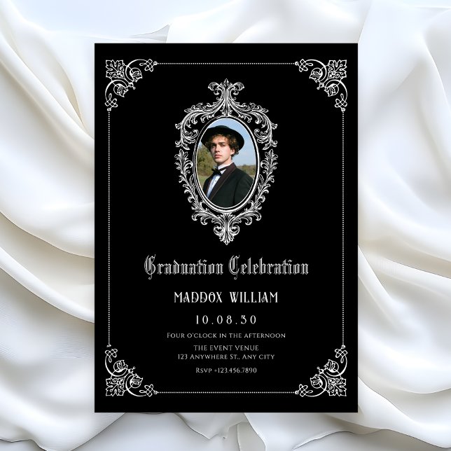 Black Classic gothic graduation photo Invitation (Creator Uploaded)