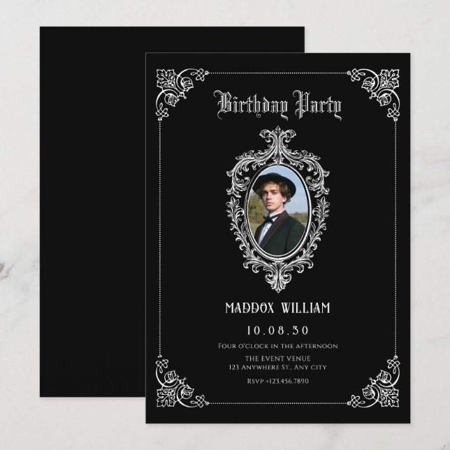 Black Classic gothic photo birthday Invitation (Front/Back)