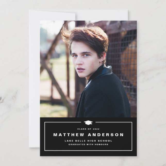 Black Classic Graduation Cap Photo Graduation Announcement (Front)