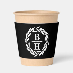 Black Classic Laurel Wreath Monogram Wedding Coffee Cup Sleeve