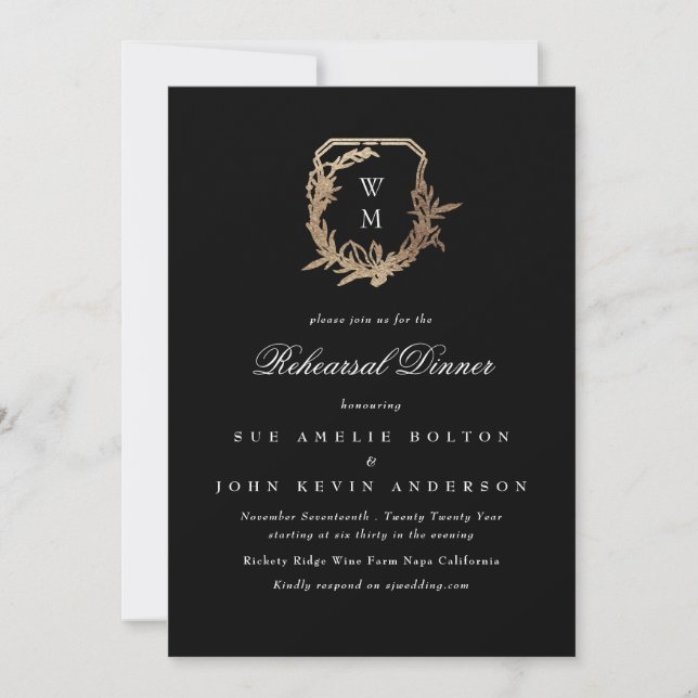 black classic monogram gold crest rehearsal dinner invitation (Front)