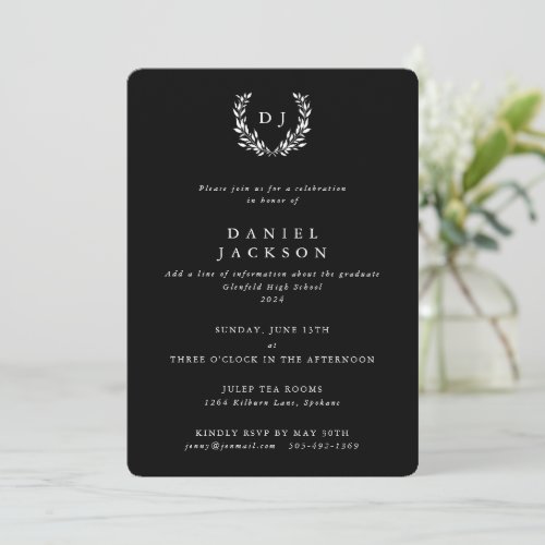 Black Classic Monogram Laurel Wreath Graduation Invitation