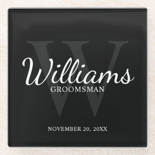 Black Classic Script Personalized Groomsmen Glass Coaster