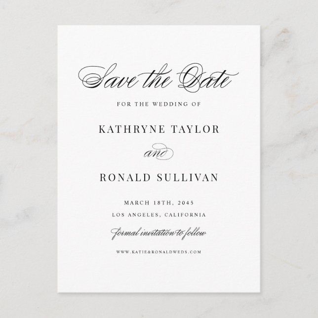 Black Classic Script Typography Save the Date Postcard (Front)