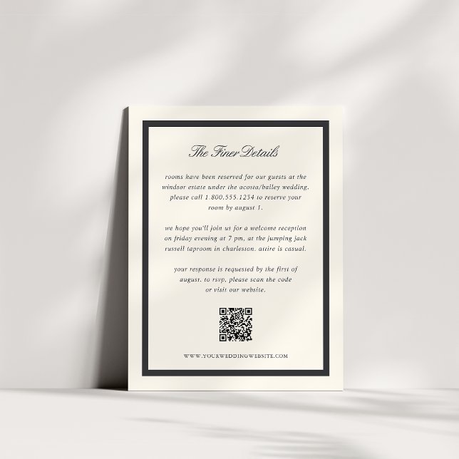 Black Classic Script Wedding Details QR Code Enclosure Card (Creator Uploaded)