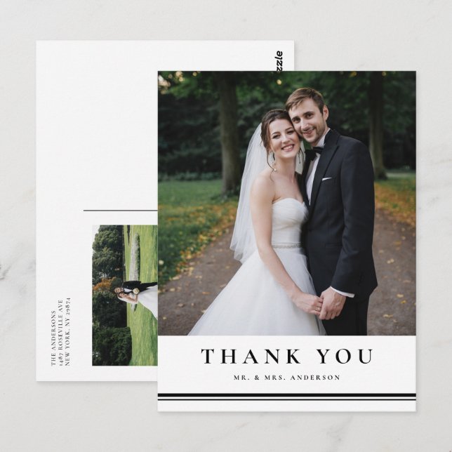 Black Classic Typography Striped Wedding Thank You Postcard (Front/Back)