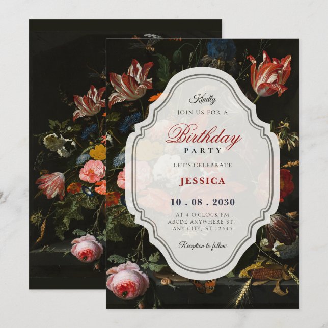 Black classic vintage floral bouquet birthday invitation (Front/Back)