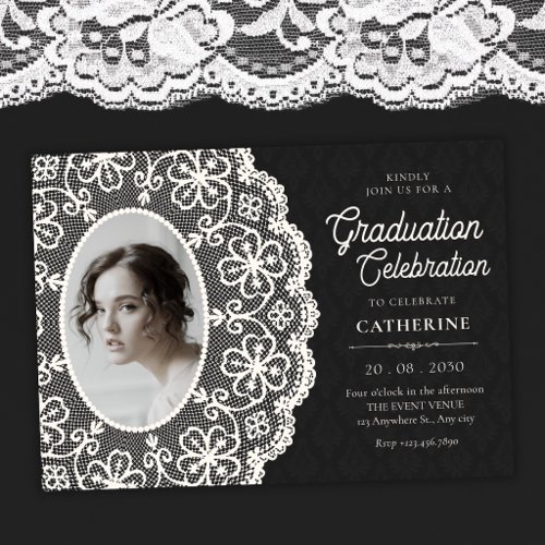 Black classic vintage lace photo graduation invitation