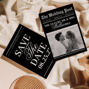 Black Classic Vintage Newspaper Wedding Photo Save The Date