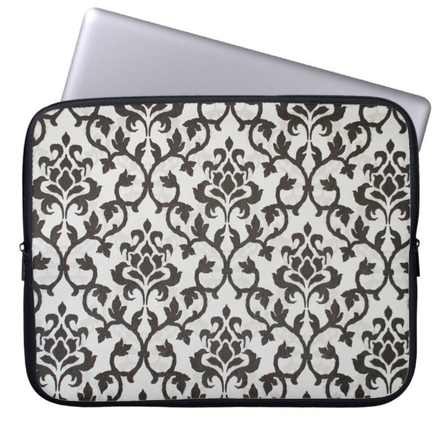 Black classical damask wallpaper pattern laptop sleeve (Front)