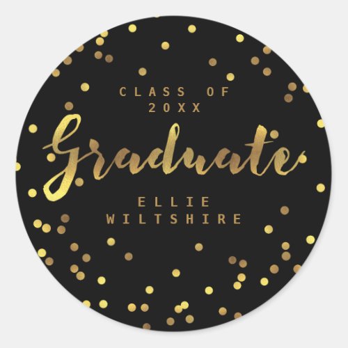 Black Classy Graduate Faux Gold Foil Confetti Classic Round Sticker