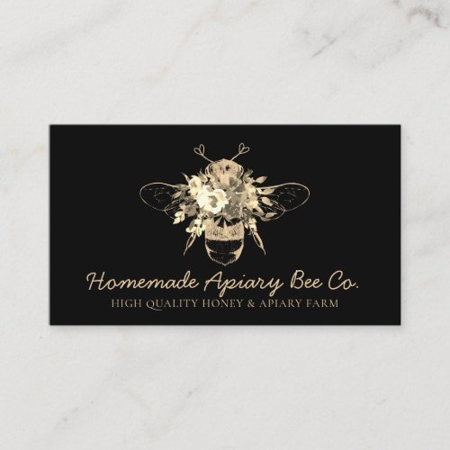 Black Classy Heart Gold Floral Apiary Honey Bee Business Card