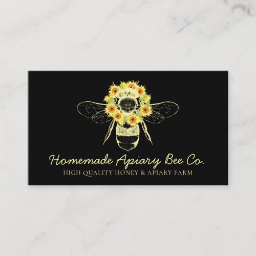 Black Classy Sunflower Floral Apiary Honey Bee Business Card