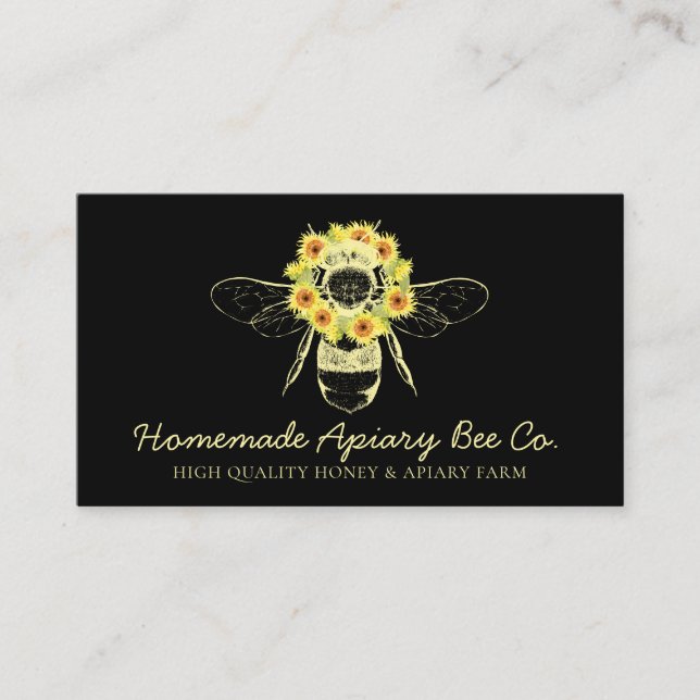 Black Classy Sunflower Floral Apiary Honey Bee Business Card (Front)
