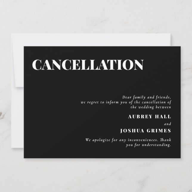 Black Clean Minimal Wedding Cancellation Invitation (Front)