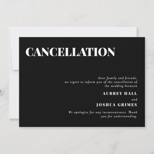 Black Clean Minimal Wedding Cancellation Invitation