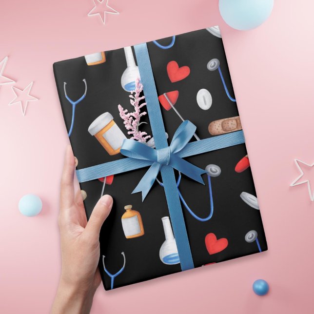 Black Clinic Doctor Nurse Medical Tools Birthday Wrapping Paper (Creator Uploaded)