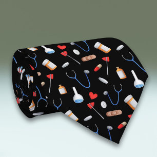 Black Clinic Medical Tools Doctor Nurse Neck Tie