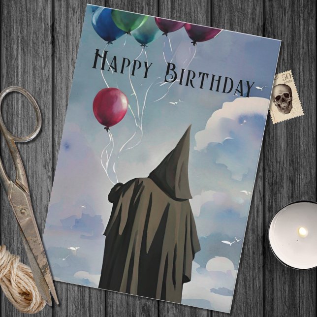 Black Cloak Balloons & Clouds Gothic Birthday Card (Creator Uploaded)