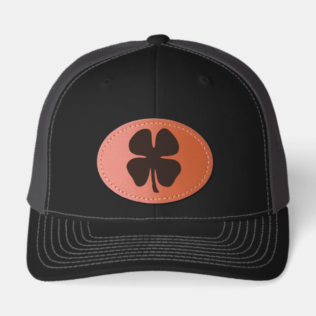 Black Clover leather oval patch black trucker hat (Front)