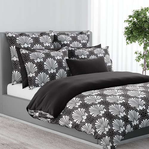 Black Coastal Seashell Dotted Pearls Beachy Duvet Cover