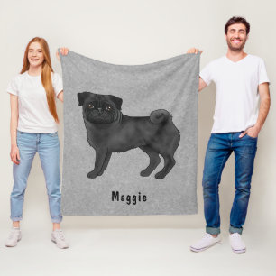 Black Coat Color Pug Dog With Custom Name Gray Fleece Blanket