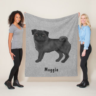 Black Coat Color Pug Dog With Custom Name Gray Fleece Blanket