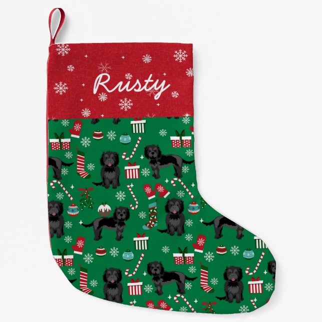Black Cockapoo Custom Dog Name Christmas Small Christmas Stocking (Front)