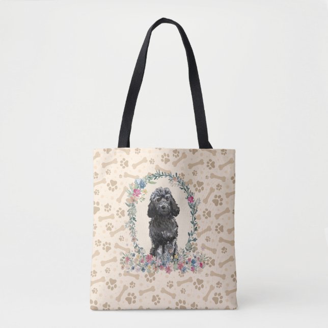 Black Cockapoo Dog Paw Print & Dog Bone Cute  Tote Bag (Front)