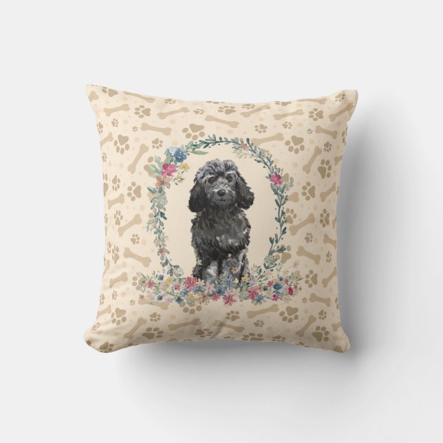Black Cockapoo Dog Paw Print & Floral Cute Throw Pillow (Front)