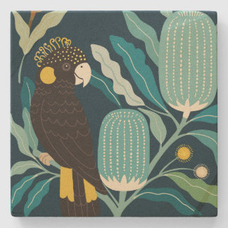 Black Cockatoo and Banksia Stone Coaster 2