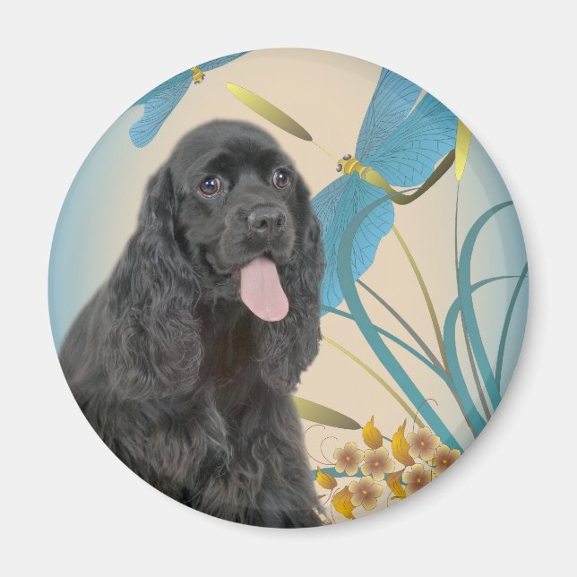 Black Cocker Spaniel and Dragonflies Magnet (Front)