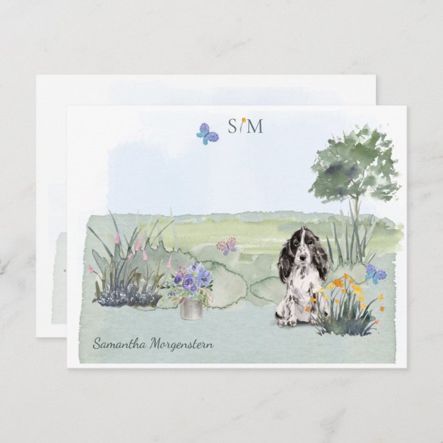 Black Cocker Spaniel Dog Monogram and Name   Note Card (Front/Back)