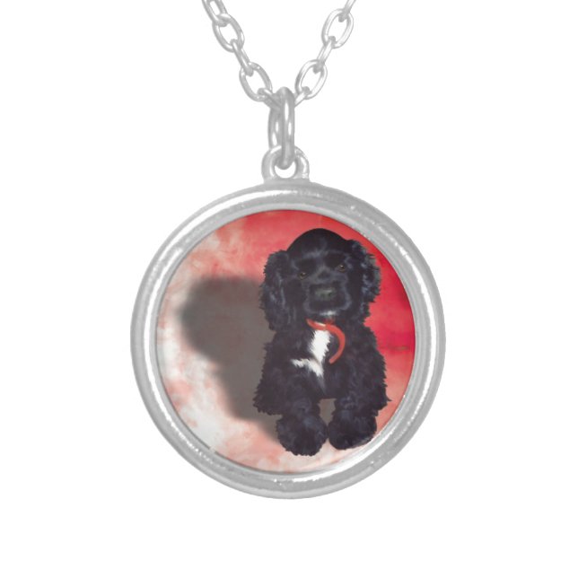 Black Cocker Spaniel Puppy - Abby Silver Plated Necklace (Front)