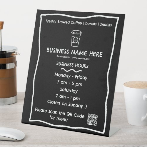 Black Coffee Cup Caf Opening Hours QR Code Pedestal Sign